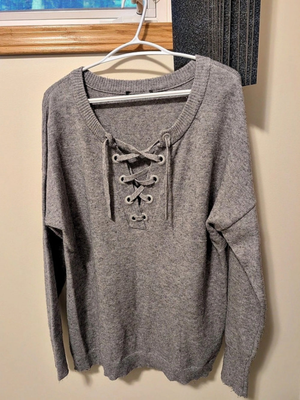 Gray Lace-Up Crew Neck Sweater